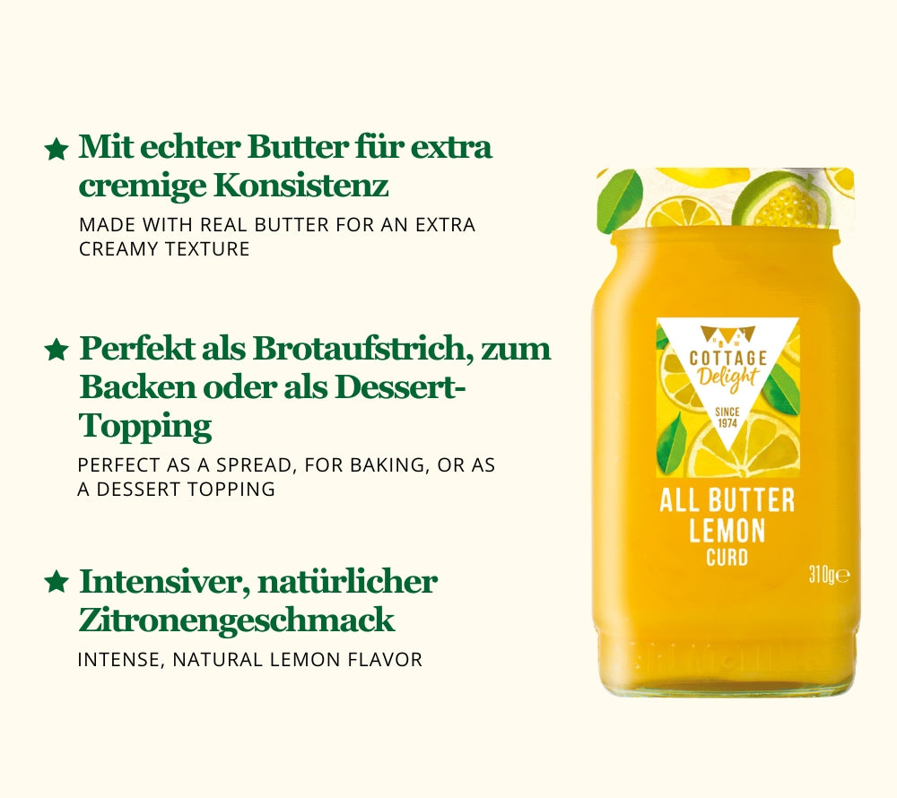 
                  
                    All Butter Lemon Curd von Cottage Delight kaufen – Cremige Zitronenbutter, ideal für Frühstück & Desserts
                  
                