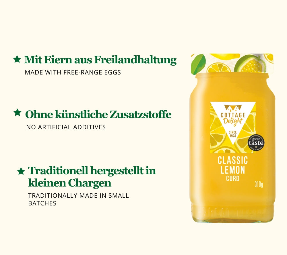 
                  
                    Classic Lemon Curd von Cottage Delight online bestellen – fruchtige Zitronencreme für Scones & Desserts
                  
                