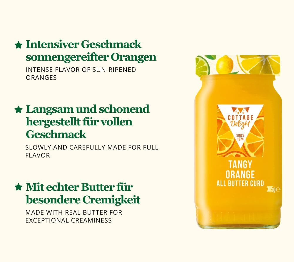 
                  
                    Tangy Orange All Butter Curd von Cottage Delight kaufen | Englische Orangencreme mit Butter | Handgemacht & extra fruchtig | Für Brot, Scones, Desserts | EU-weiter Versand
                  
                