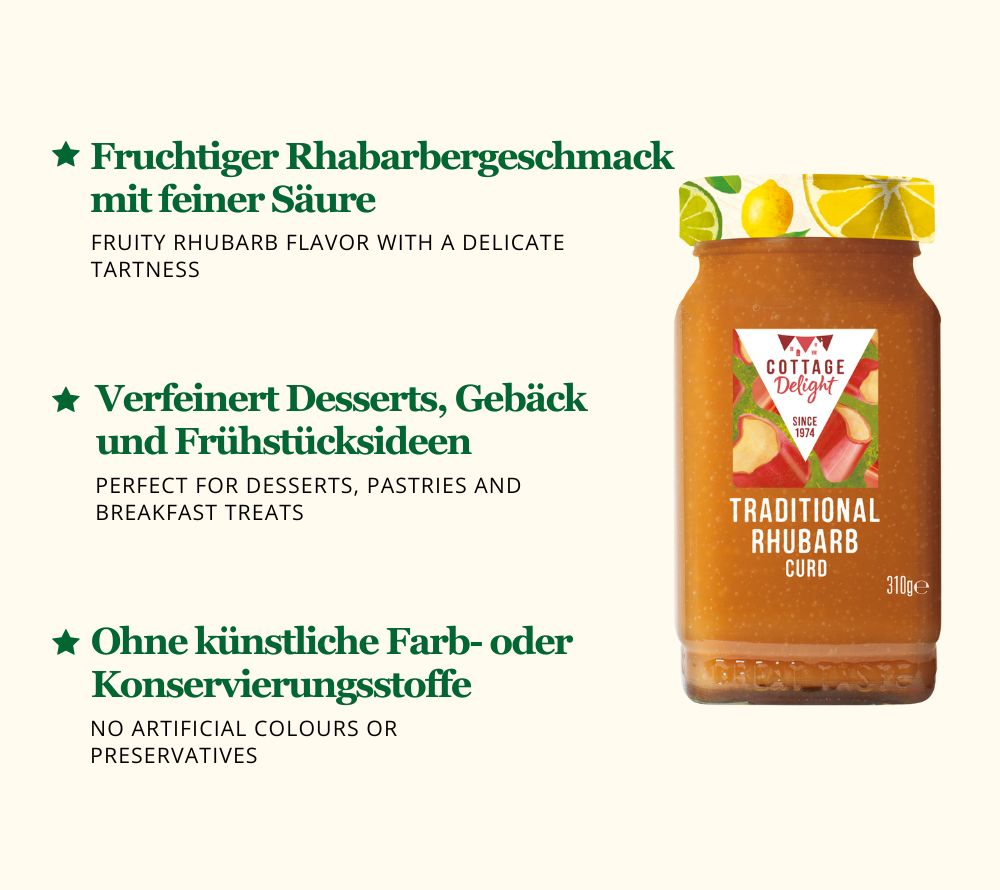 Traditional Rhubarb Curd von Cottage Delight kaufen | Englischer Rhabarber-Aufstric | Handgemacht & fruchtig-säuerlich | Für Brot, Torten, Desserts | EU-weiter Versand