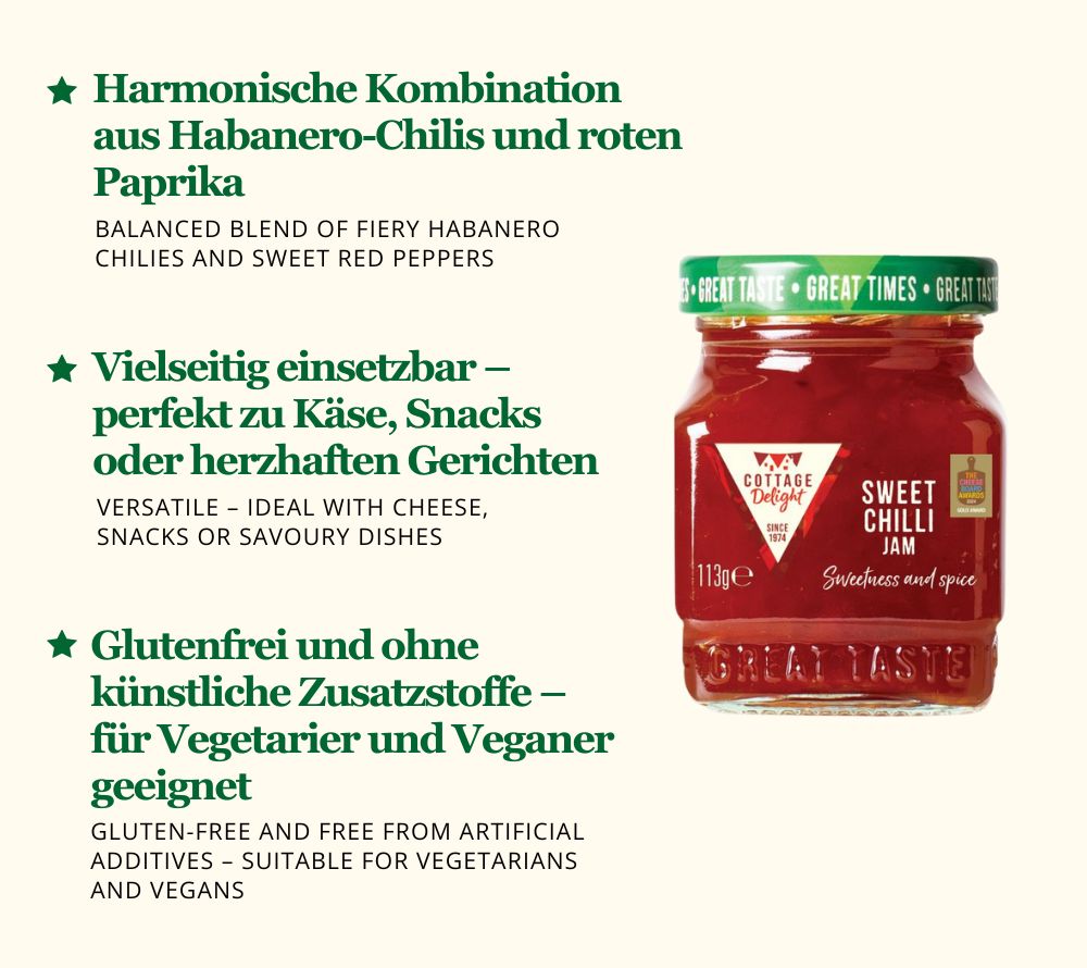 
                  
                    Cottage Delight Sweet Chilli Jam – feurig-süß, vielseitig und unverwechselbar im Geschmack.
                  
                