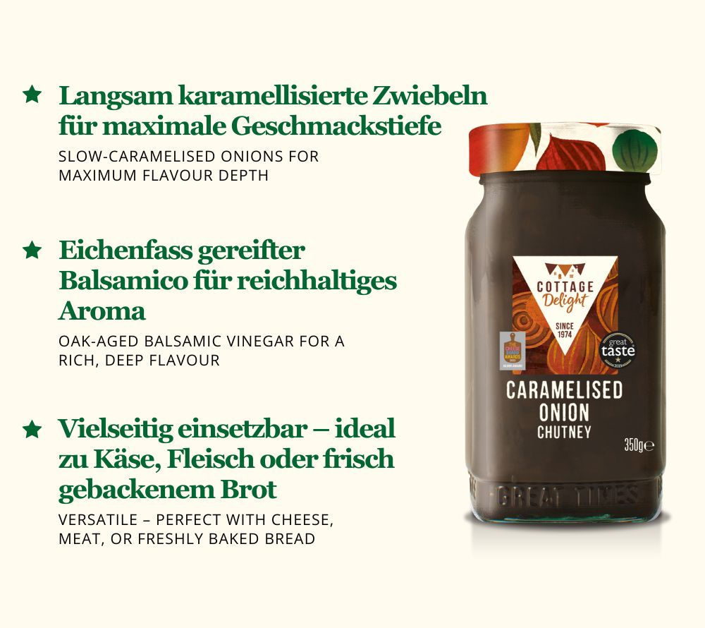 
                  
                    Caramelised Onion Chutney ✓ Langsam karamellisierte Zwiebeln ✓ Eichenfass gereifter Balsamico ✓ perfekt zu Käse, Fleisch oder Brot ✓ Jetzt bestellen und genießen!
                  
                
