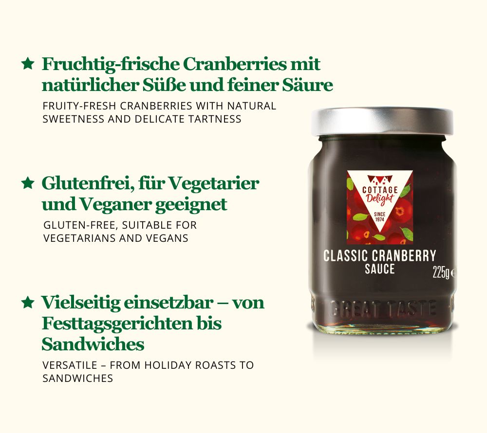 Classic Cranberry Sauce ✓ Ohne künstliche Zusatzstoffe ✓ Geeignet für Vegetarier und Veganer ✓ Glutenfrei ✓ Europaweiter Versand ✓ Jetzt bestellen!