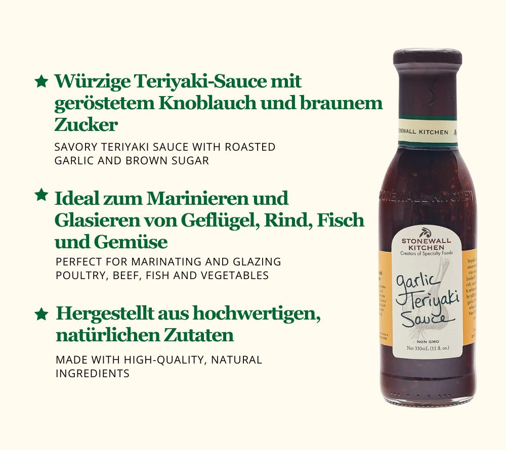 Garlic Teriyaki Sauce von Stonewall Kitchen ☆ hochwertige Zutaten ☆ mit würziger Sojasauce & erlesenem Honig ☆ feines Aroma ☆ Jetzt probieren!