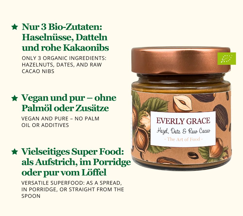 Everly Grace Hazel, Date & Raw Cocoa online kaufen – geröstete Haselnüsse, Datteln und Rohe Kakaonibs – Vegan, clean, pur