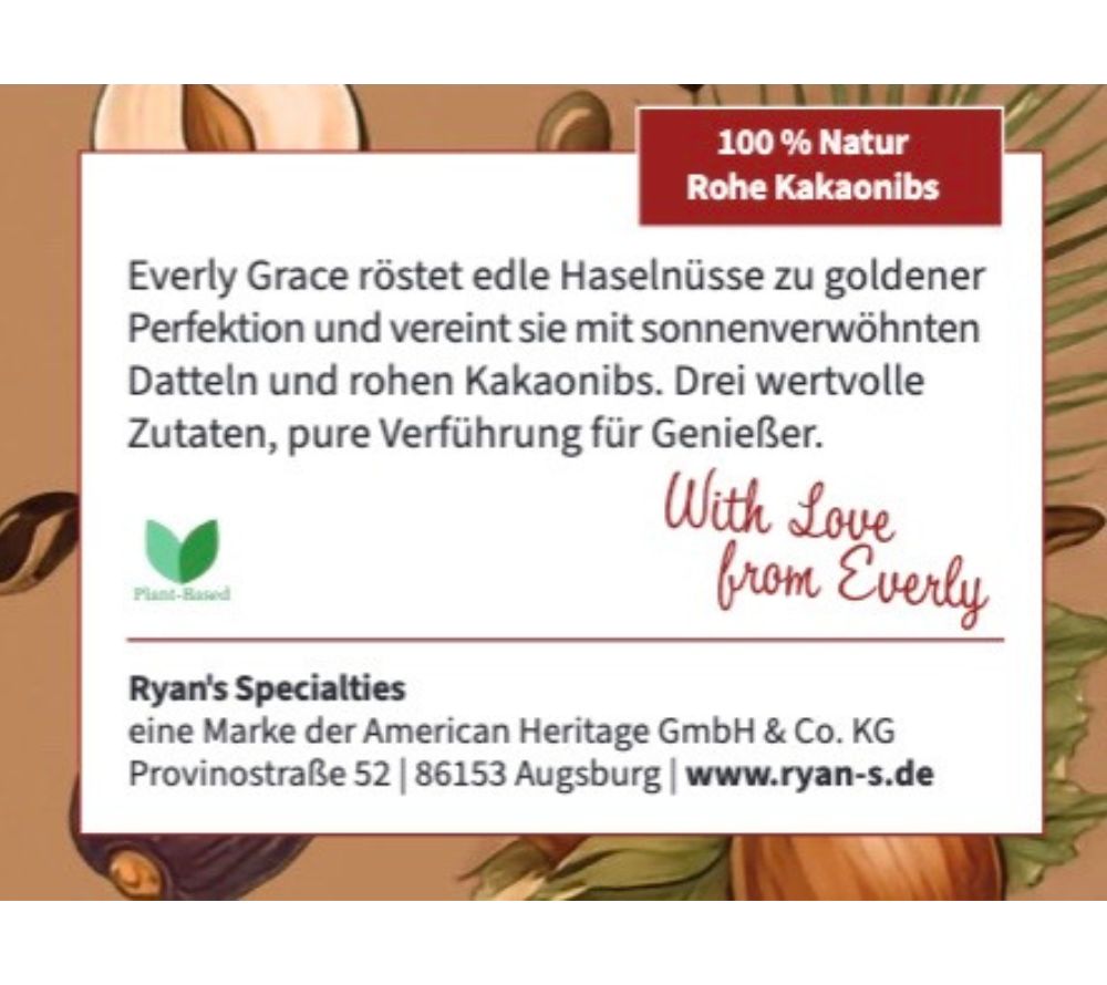 Everly Grace Hazel, Date & Raw Cocoa online kaufen – geröstete Haselnüsse, Datteln und Rohe Kakaonibs – Vegan, clean, pur