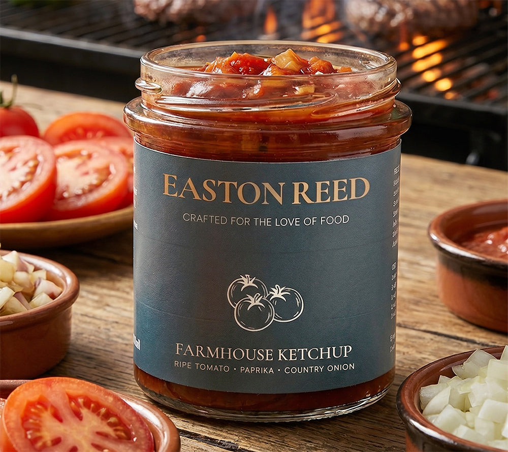 Nahaufnahme eines geöffneten Glases Easton Reed Farmhouse Ketchup auf einem rustikalen Holztisch. Die stückige Textur der Sauce ist oben im Glas sichtbar. Umgeben ist das Glas von frischen Zutaten wie Tomatenscheiben, gewürfelten Zwiebeln und Paprikapulver. Im Hintergrund brennen Burger-Patties auf einem Grill.