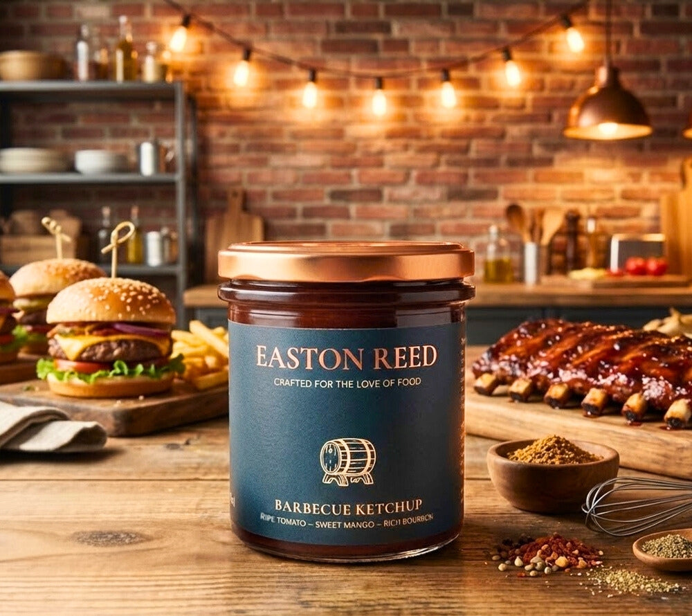 Easton Reed Barbecue Ketchup: Fruchtig-rauchiger Tomatenketchup mit feiner Würze. Ideal zu Grillgerichten, Burgern, Ribs und als BBQ-Dip oder Glasur.