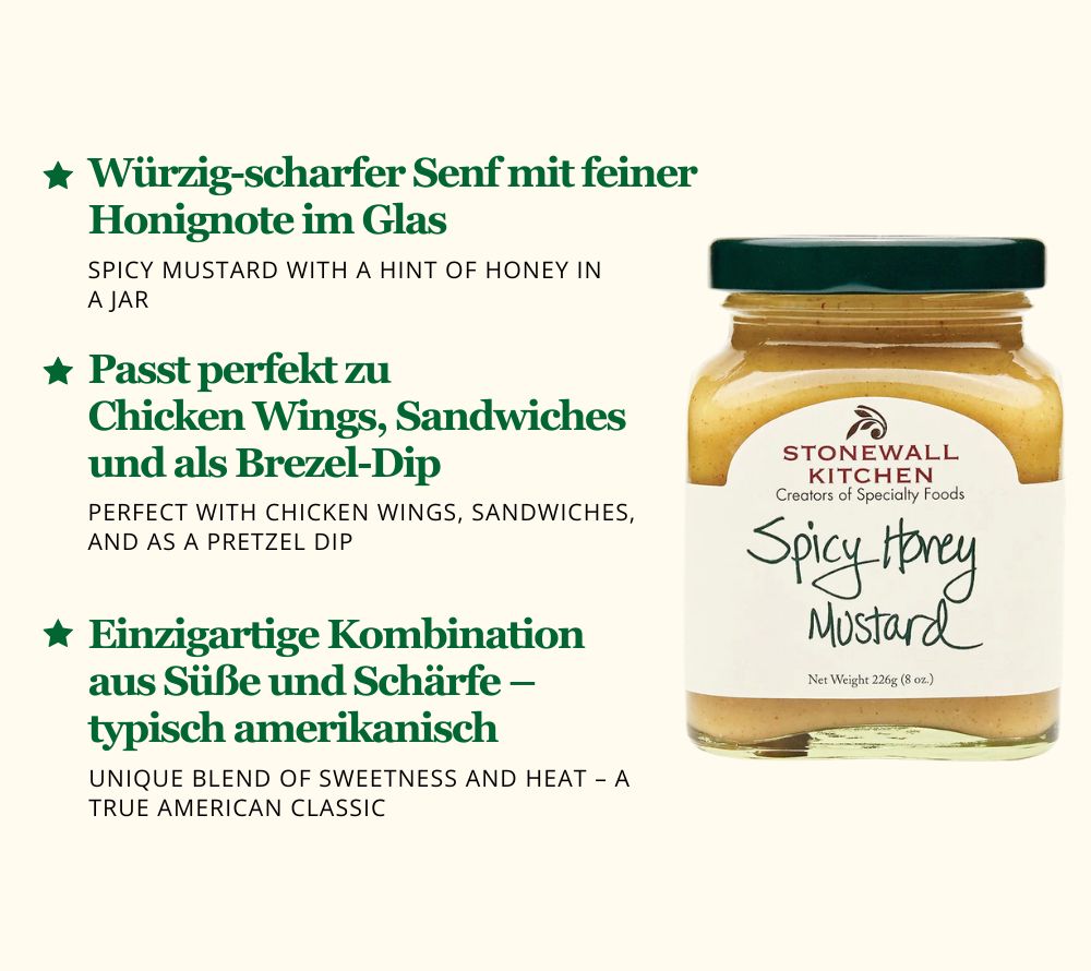 
                  
                    Spicy Honey Mustard von Stonewall Kitchen kaufen – würziger Honigsenf für Wings & Dips
                  
                