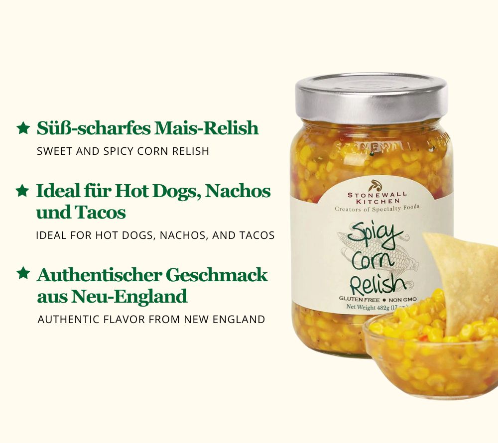 Spicy Corn Relish ➤ Süß & scharf ➤ Köstliches Mais-Relish aus Neu-England ➤ Importiert aus den USA  ➤ NON-GMO » Jetzt bestellen!