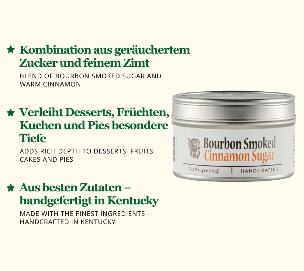 
                  
                    Bourbon Smoked Cinnamon Sugar von Bourbon Barrel Foods bei American Heritage – geräucherter Zucker mit Zimt für Desserts, Kaffee, Tee & Cocktails.
                  
                