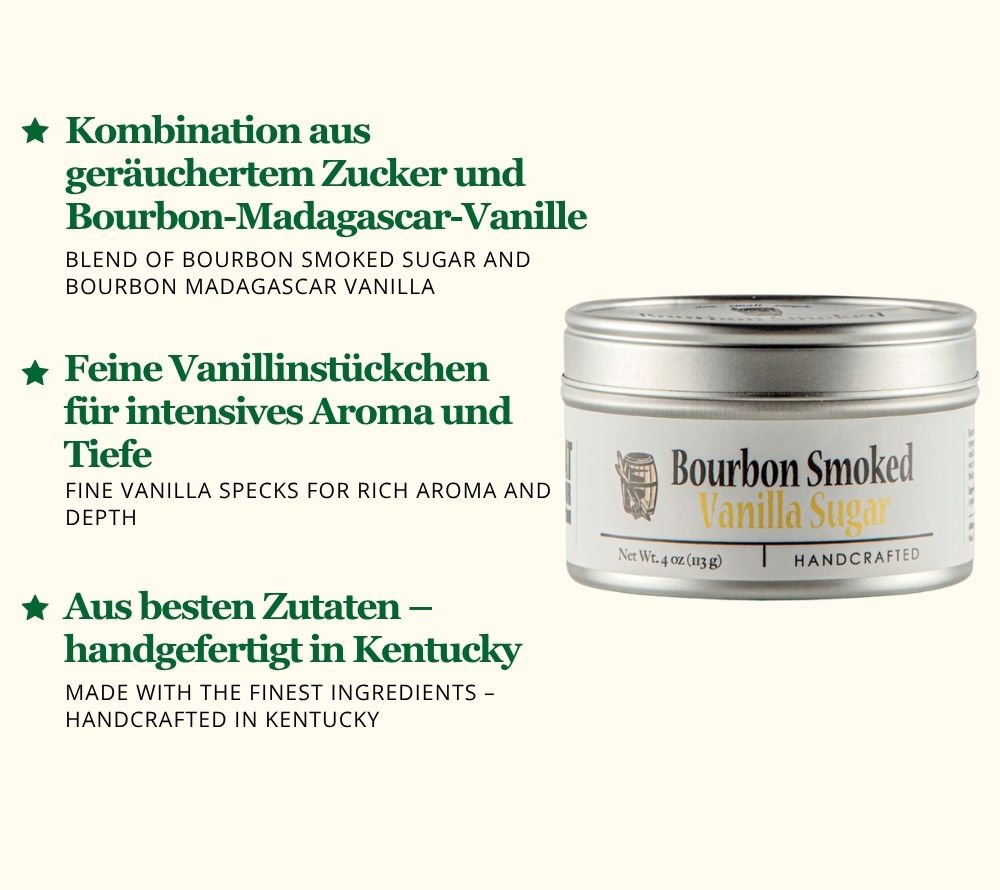 Bourbon Smoked Vanilla Sugar von Bourbon Barrel Foods bei American Heritage – geräucherter Zucker mit Bourbon-Vanille für Desserts, Kaffee, Tee & Cocktails.
