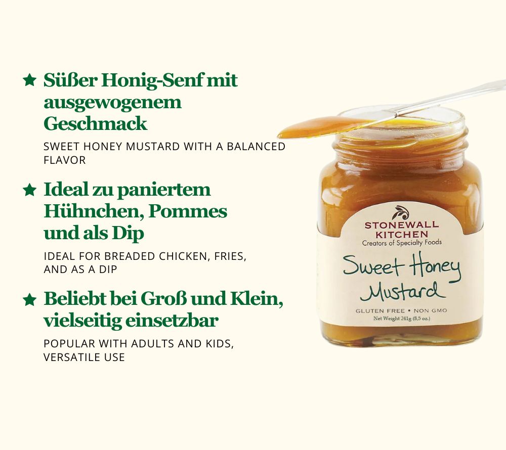 
                  
                    Sweet Honey Mustard von Stonewall Kitchen kaufen ☆ Exquisiter Senf mit Honig ☆ Für Burger, Sandwichs oder als Dip ☆ Jetzt probieren!
                  
                