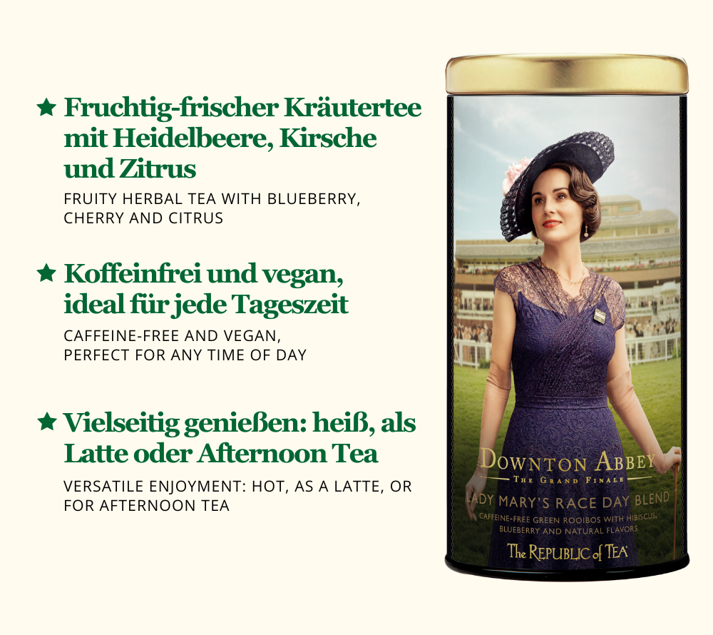 
                  
                    Downton Abbey® Lady Mary's Race Day Herbal Blend kaufen ☆ Fruchtig-frischer Kräutertee ☆ Heidelbeere, Kirsche & Zitrus ☆ Heiß oder als Latte ☆ Jetzt probieren!
                  
                