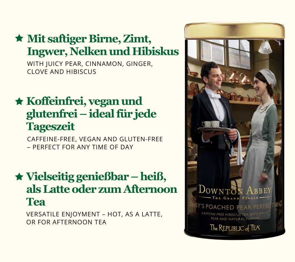 
                  
                    Daisy’s Poached Pear Perfection – aromatischer Birnen-Tee von The Republic of Tea, ideal für gemütliche Herbsttage.
                  
                
