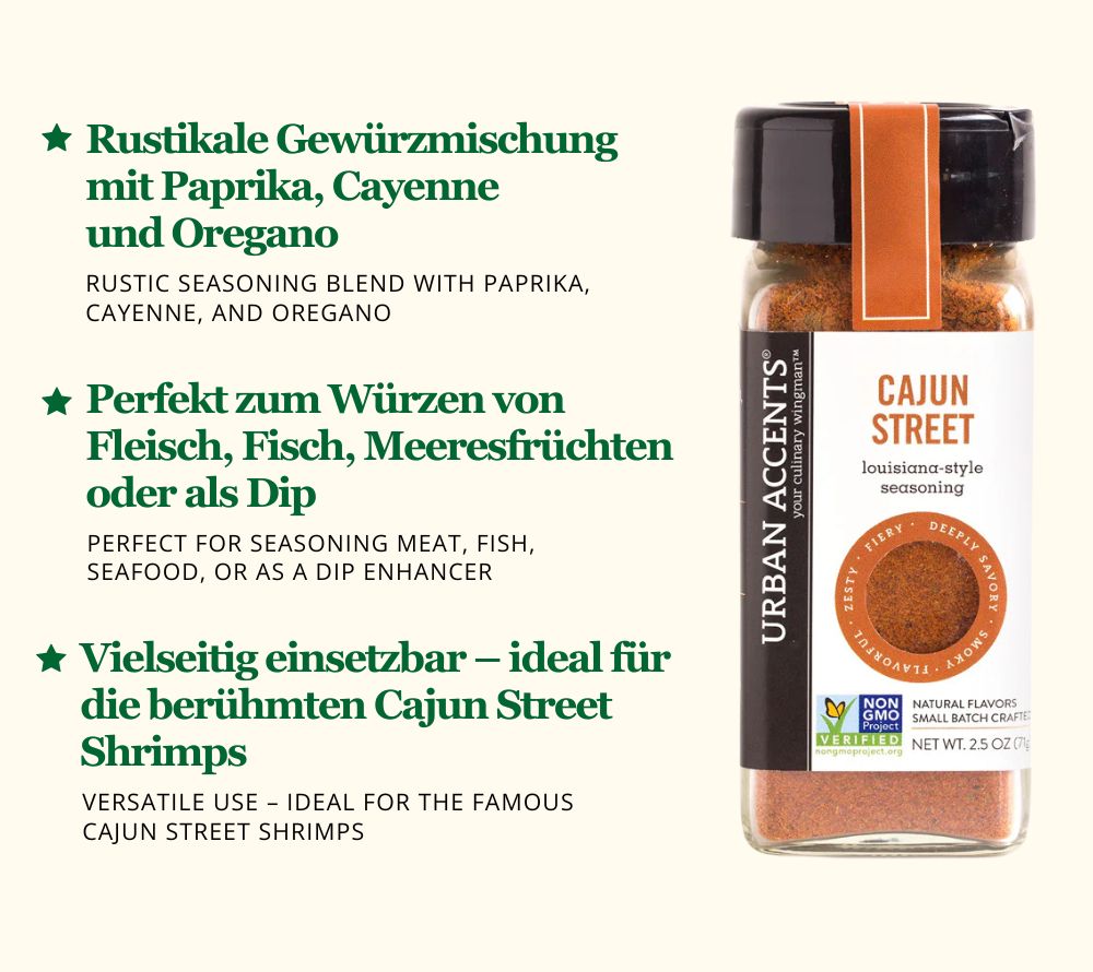 
                  
                    Cajun Street Gewürz kaufen – Louisiana-Mischung mit Paprika, Cayenne & Knoblauch für Fleisch & Shrimps
                  
                