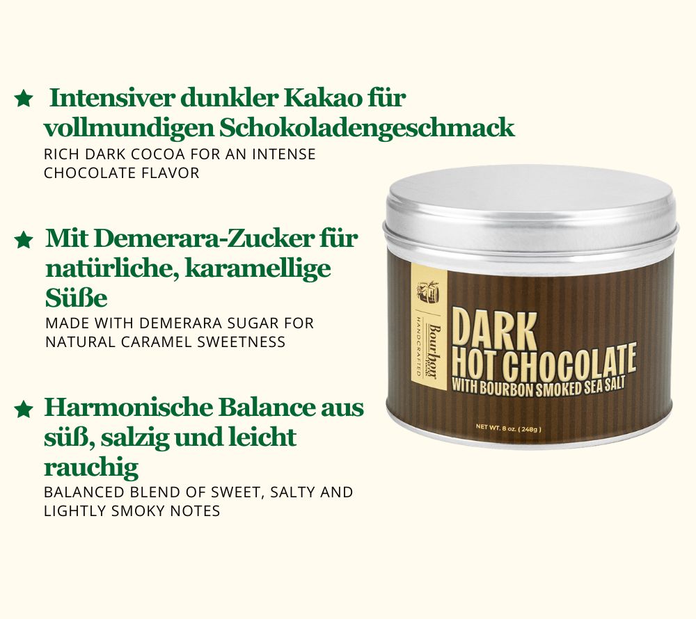 Bourbon Smoked Dark Hot Chocolate: Dunkler Kakao mit geräuchertem Meersalz. Süß, salzig & cremig – perfekt für heiße Schokolade, Kaffee & Cocktails.