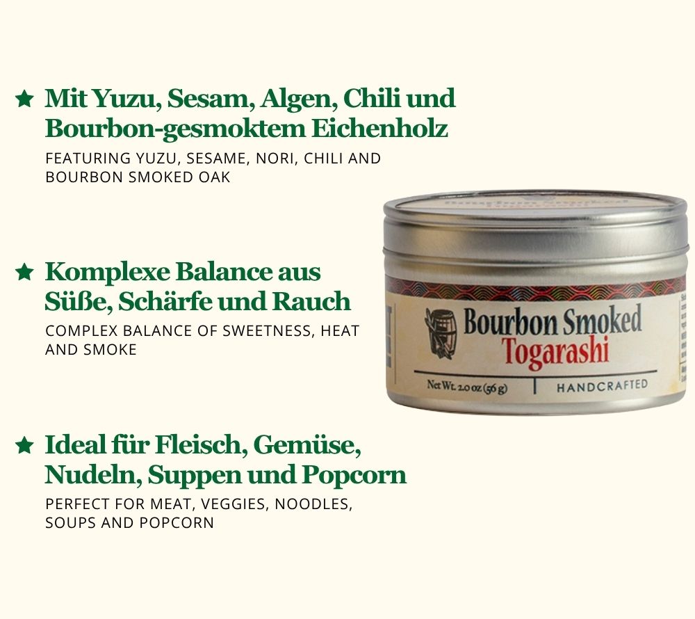 Bourbon Smoked Togarashi von Bourbon Barrel Foods bei American Heritage – japanisch inspiriertes Gewürz mit Rauch, Zitrus & feiner Schärfe.