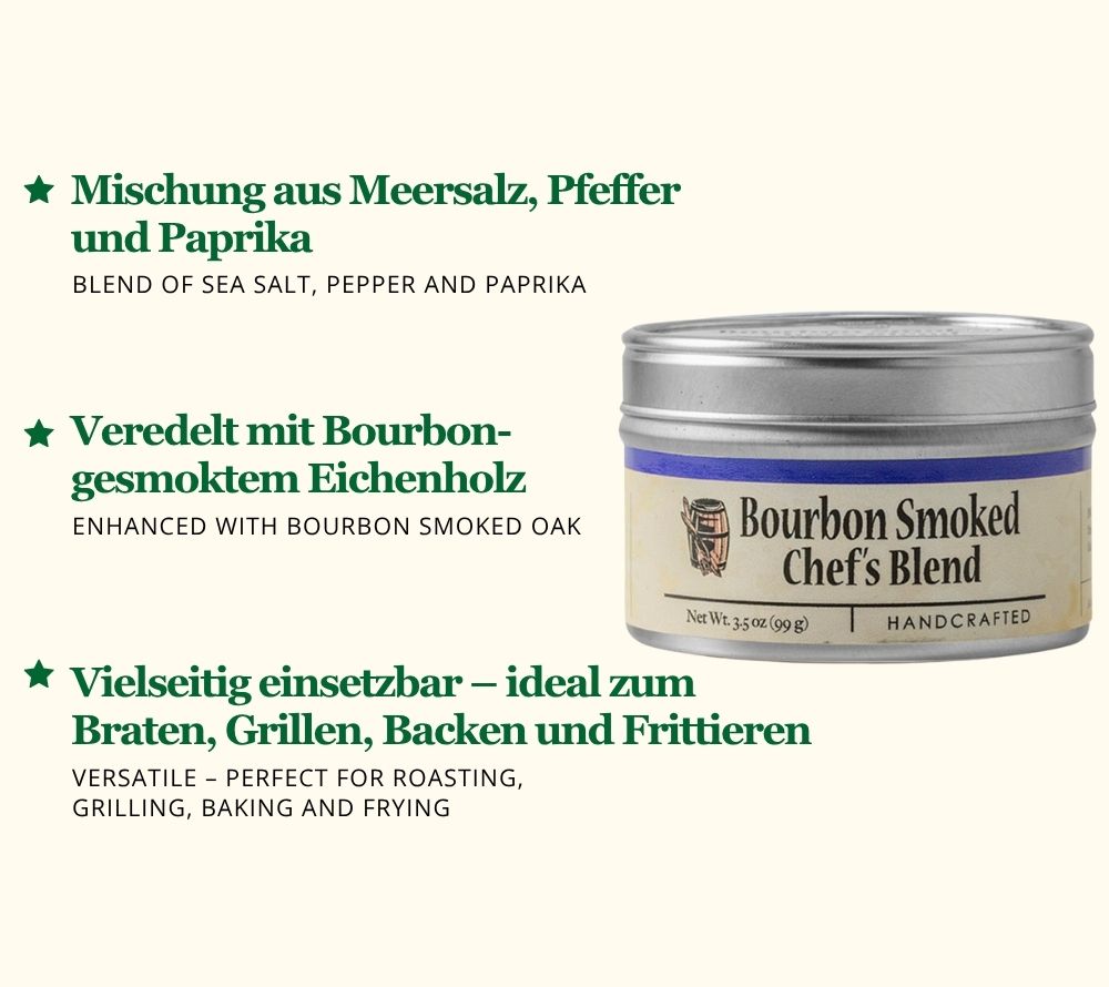 
                  
                    Bourbon Smoked Chef’s Blend von Bourbon Barrel Foods – edle Mischung aus Meersalz, Pfeffer & Paprika mit rauchiger Note. Erhältlich bei American Heritage.
                  
                