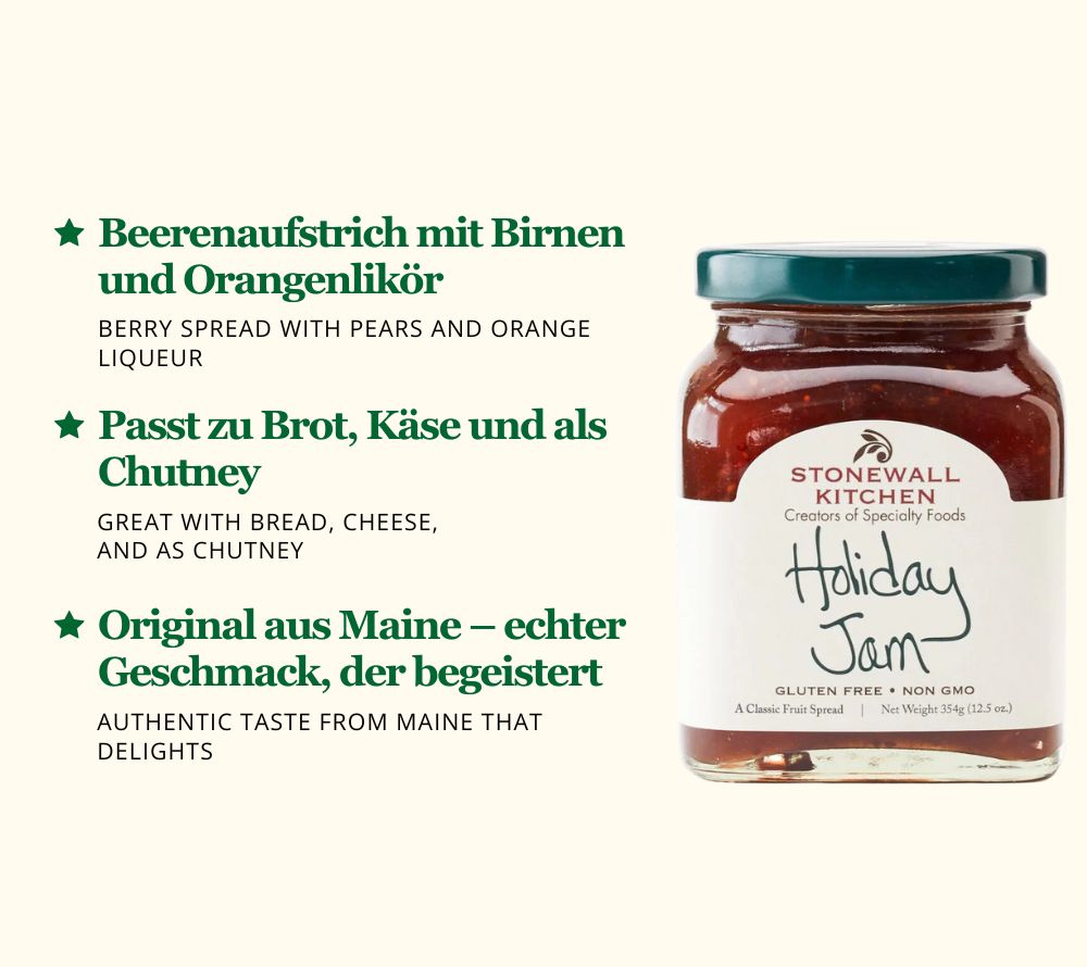 
                  
                    Holiday Jam von Stonewall Kitchen ☆ Fruchtaufstrich mit Birnen, Cranberries, Himbeeren & Orangenlikör ☆ Perfekt für Brot, Käse & Chutneys ☆ Jetzt probieren!
                  
                