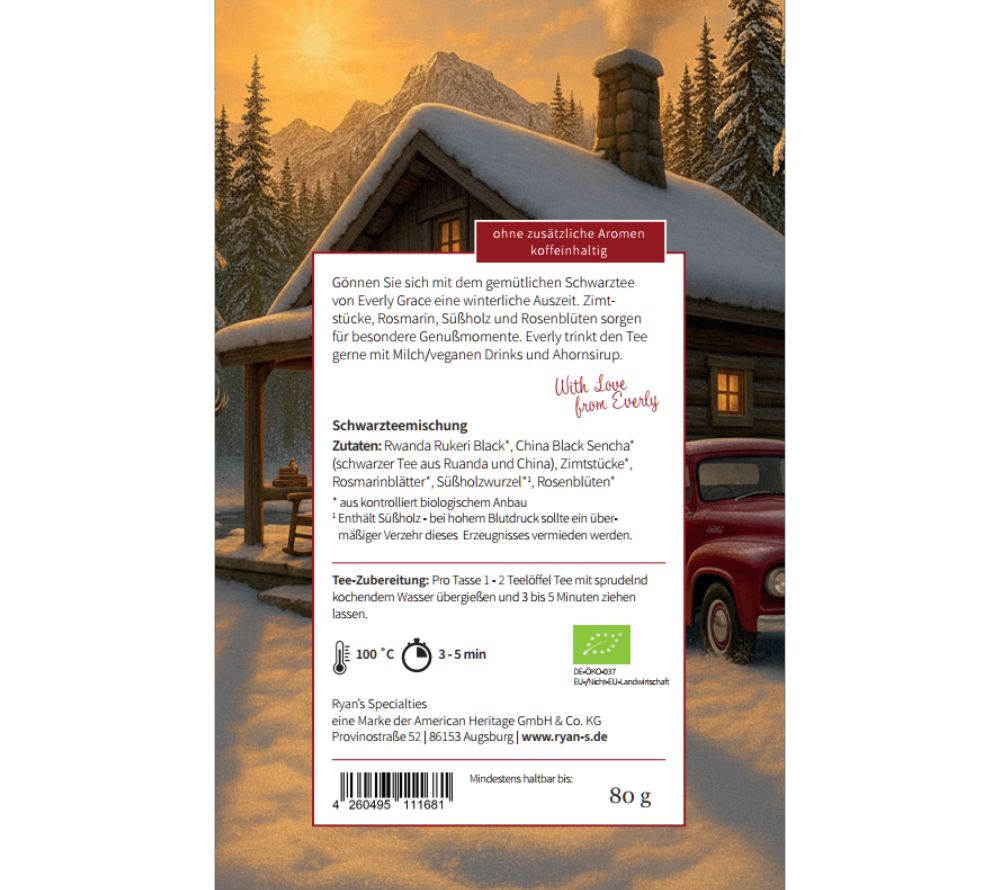 Everly Grace Cozy Winter Moment Kaufen – Bio-Schwarztee mit Zimt, Rosmarin & Süßholz.