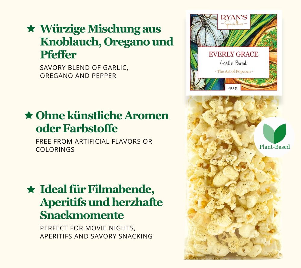 
                  
                    Everly Grace Garlic Bread Popcorn – luftgepoppt, würzig und verfeinert mit Knoblauch, Oregano und Pfeffer. Handgefertigt ohne künstliche Zusätze – der perfekte herzhafte Snack.
                  
                