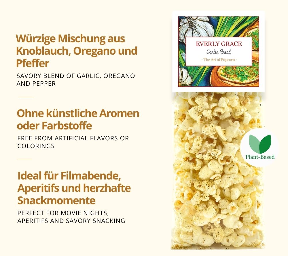 Everly Grace Garlic Bread Popcorn – luftgepoppt, würzig und verfeinert mit Knoblauch, Oregano und Pfeffer. 