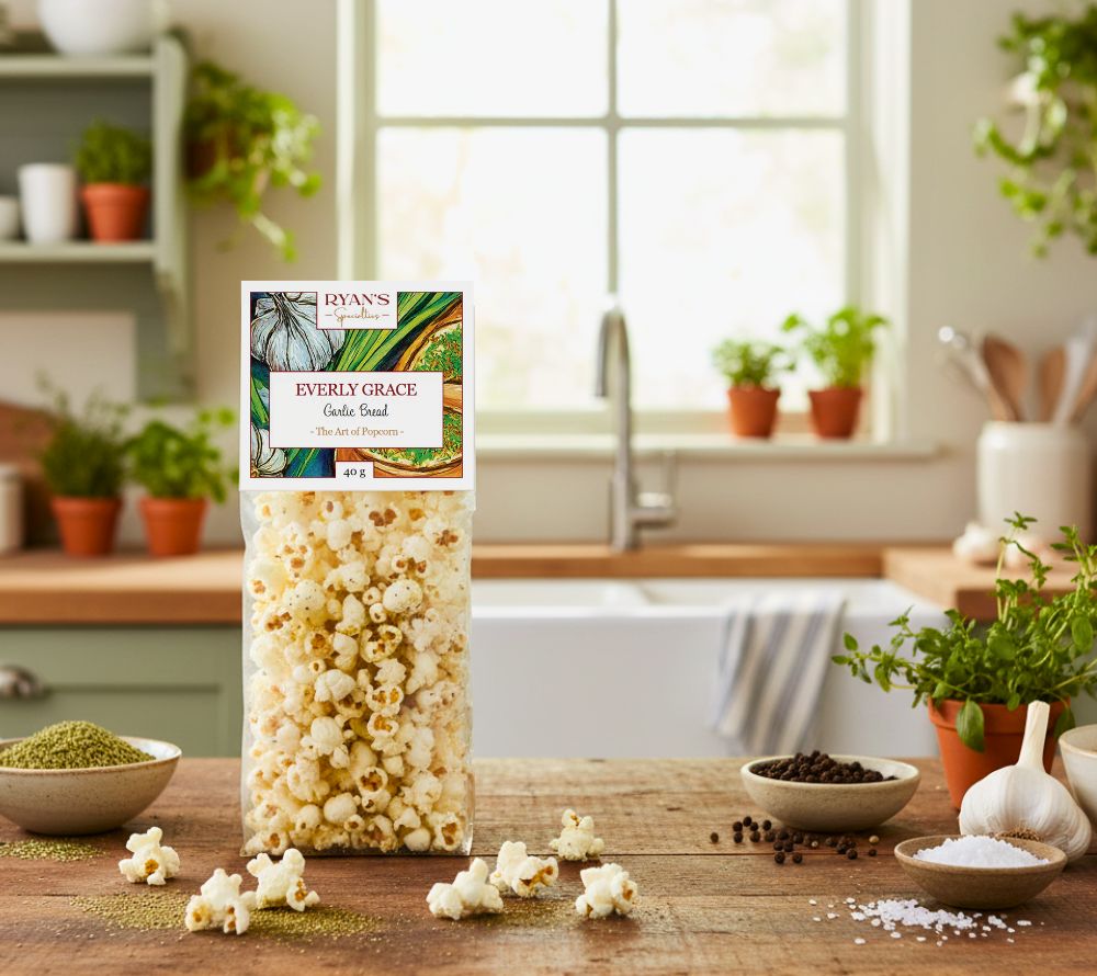 Everly Grace Garlic Bread Popcorn – luftgepoppt, würzig und verfeinert mit Knoblauch, Oregano und Pfeffer. Handgefertigt ohne künstliche Zusätze – der perfekte herzhafte Snack.