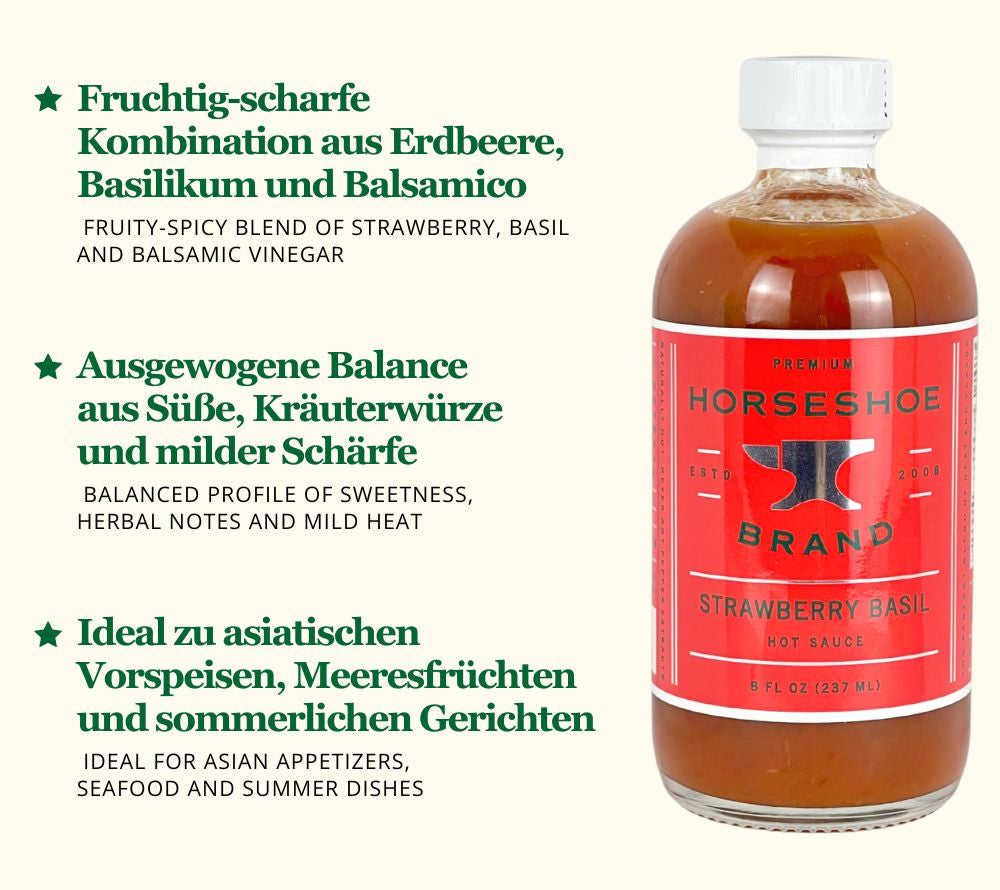 Fruchtig-scharfe Street Strawberry Basil Hot Sauce von Horseshoe Brand: Erdbeere, Basilikum & Balsamico in perfekter Balance. Jetzt bei American Heritage kaufen