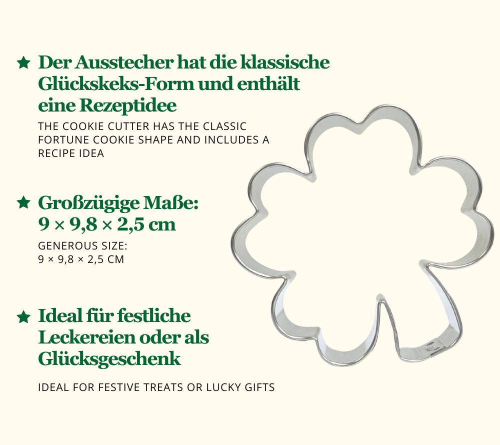 Lucky Clover Keksausstecher von Everly Grace (9 × 9,8 × 2,5 cm) – Kleeblatt-Ausstecher für Plätzchen, Kekse und kreative Backideen.