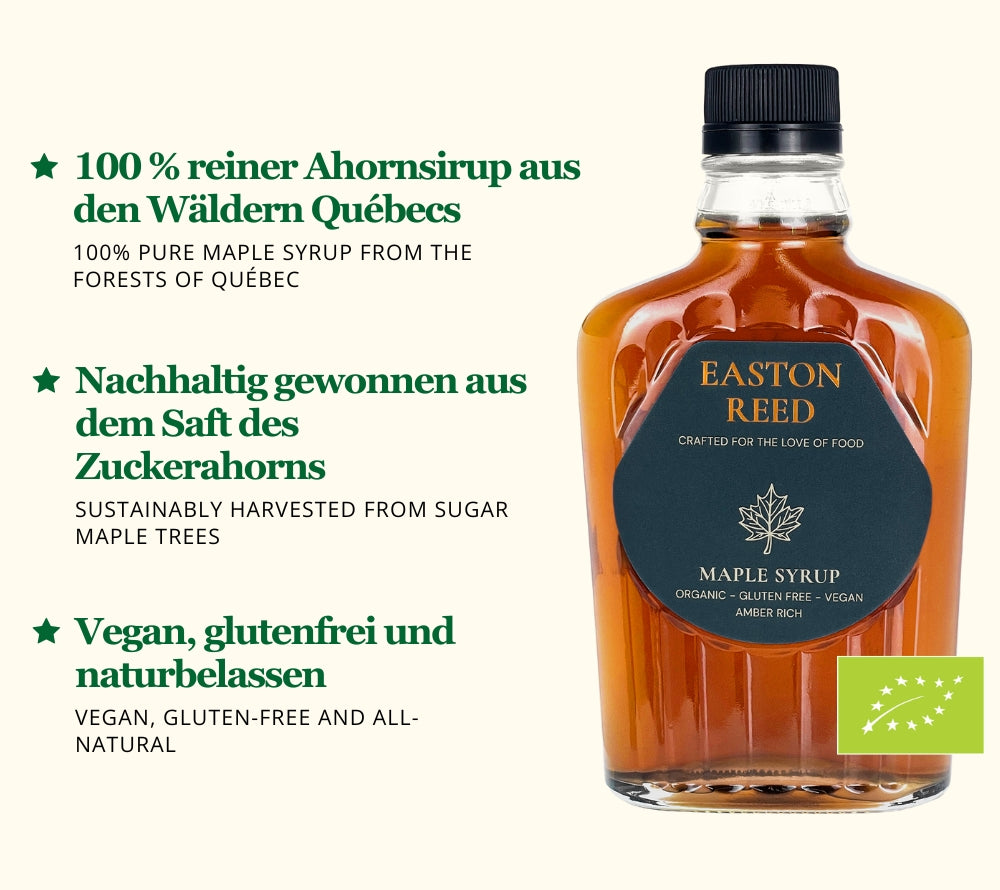 Easton Reed Bio-Ahornsirup - Reiner kanadischer Ahornsirup Grade A Amber Rich: aromatisch, bernsteinfarben & vielseitig für Frühstück, Backen & Küche einsetzbar.