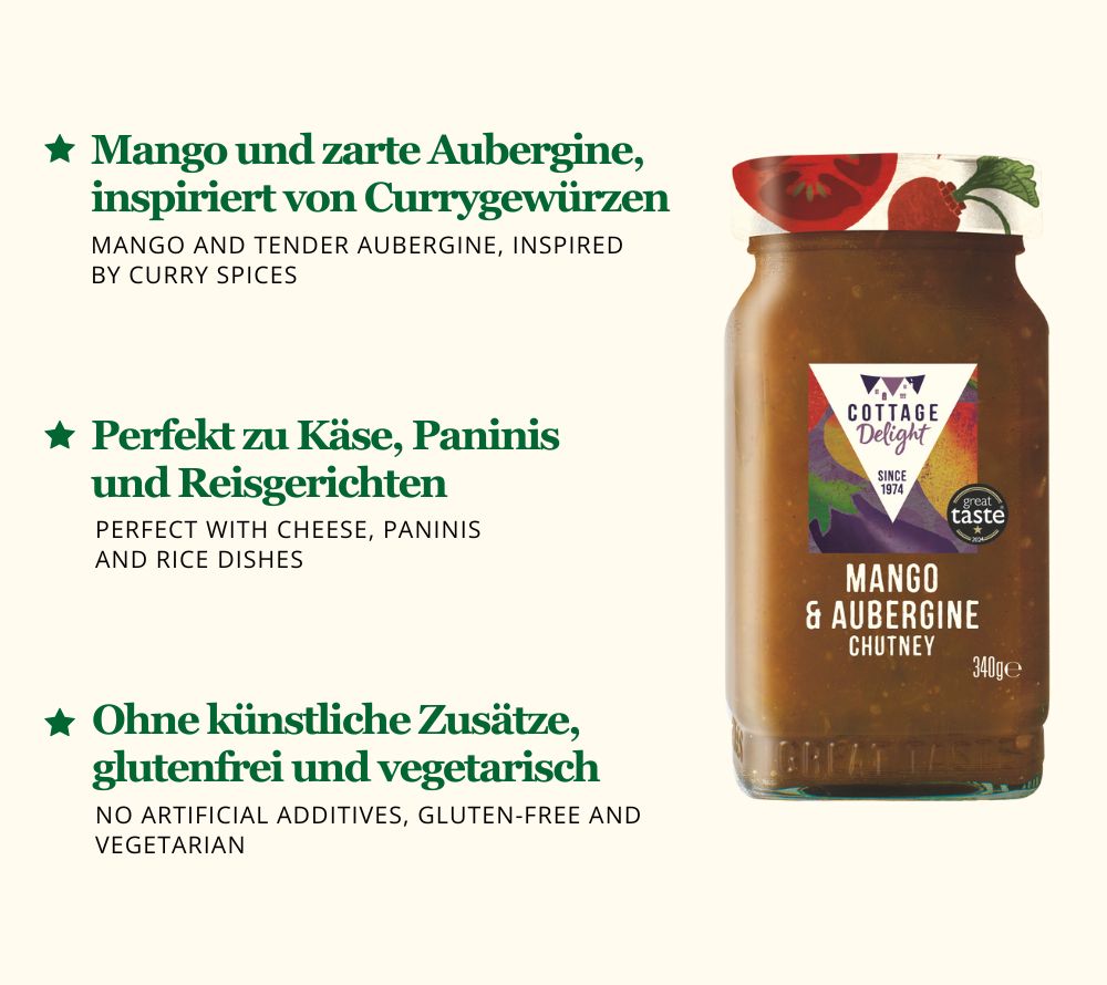 
                  
                    Mango & Aubergine Chutney (340 g) von Cottage Delight – fruchtig-würzig, glutenfrei & vegetarisch. Great Taste Award 2024. Ideal zu Paninis, Käse & Reis.
                  
                