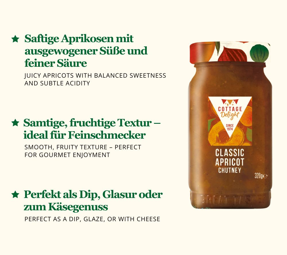 Classic Apricot Chutney (320 g) von Cottage Delight – fruchtig, süß & glutenfrei. Perfekt zu Käse, Frischkäse-Dips oder als Glasur für Geflügelgerichte.
