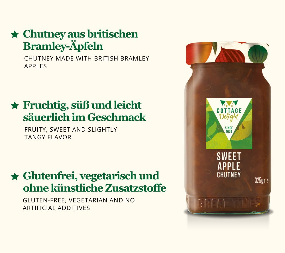 Sweet Apple Chutney: fruchtig, würzig & leicht säuerlich. Perfekt zu Käse, Fleisch und BBQ – glutenfrei & aus Bramley-Äpfeln.