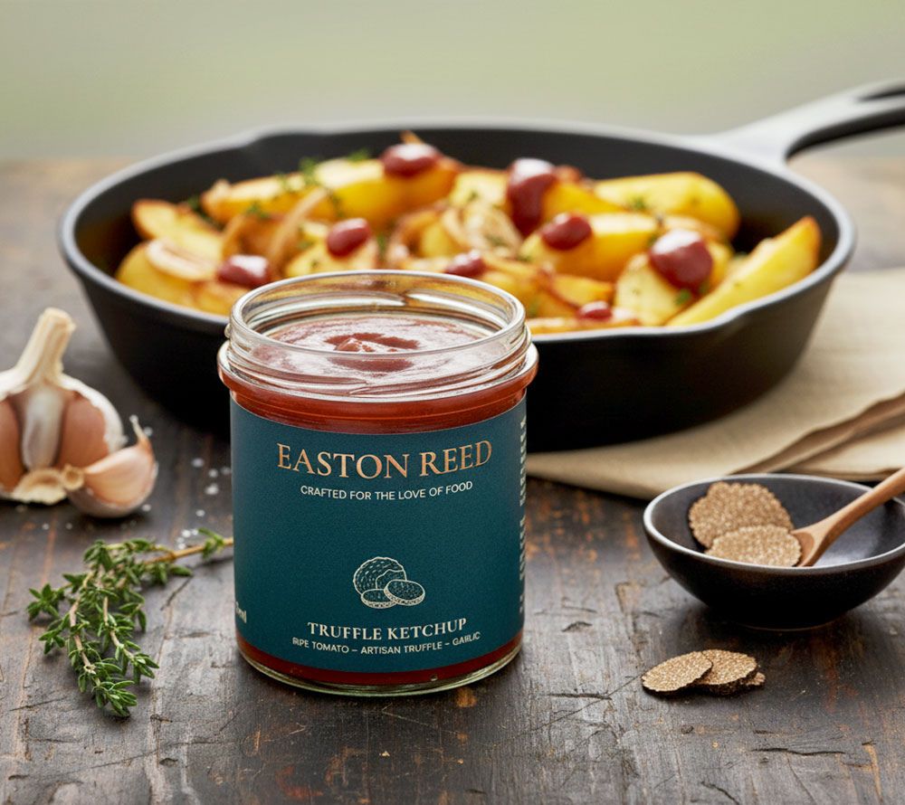 Easton Reed Truffle Ketchup: Edler Tomatenketchup mit feiner Trüffelnote. Perfekt zu Pommes, Burgern, Steak, Eierspeisen und für besondere Genussmomente.