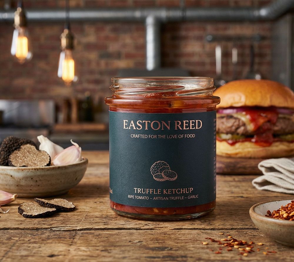Easton Reed Truffle Ketchup: Edler Tomatenketchup mit feiner Trüffelnote. Perfekt zu Pommes, Burgern, Steak, Eierspeisen und für besondere Genussmomente.