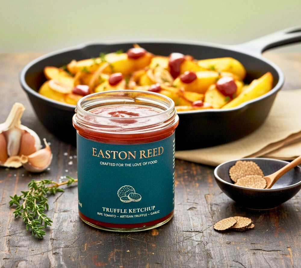 Easton Reed Truffle Ketchup: Edler Tomatenketchup mit feiner Trüffelnote. Perfekt zu Pommes, Burgern, Steak, Eierspeisen und für besondere Genussmomente.