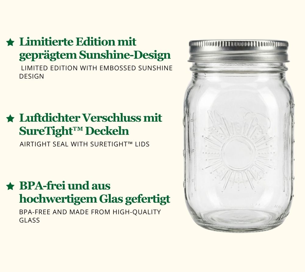 Ball Sunshine Pint Mason Jars: 16 oz Gläser mit geprägtem Sonnendesign. Ideal zum Einkochen, Dekorieren & Servieren mit luftdichtem Verschluss. Jetzt bestellen!