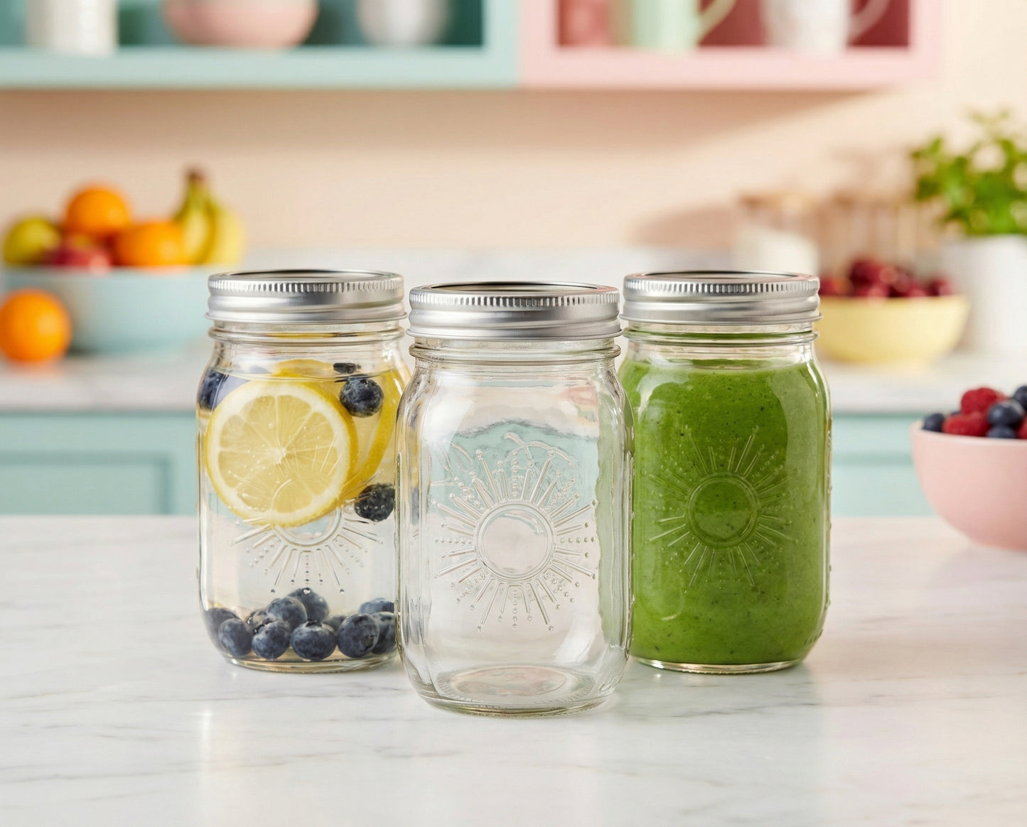 Ball Sunshine Pint Mason Jars: 16 oz Gläser mit geprägtem Sonnendesign. Ideal zum Einkochen, Dekorieren & Servieren mit luftdichtem Verschluss. Jetzt bestellen!