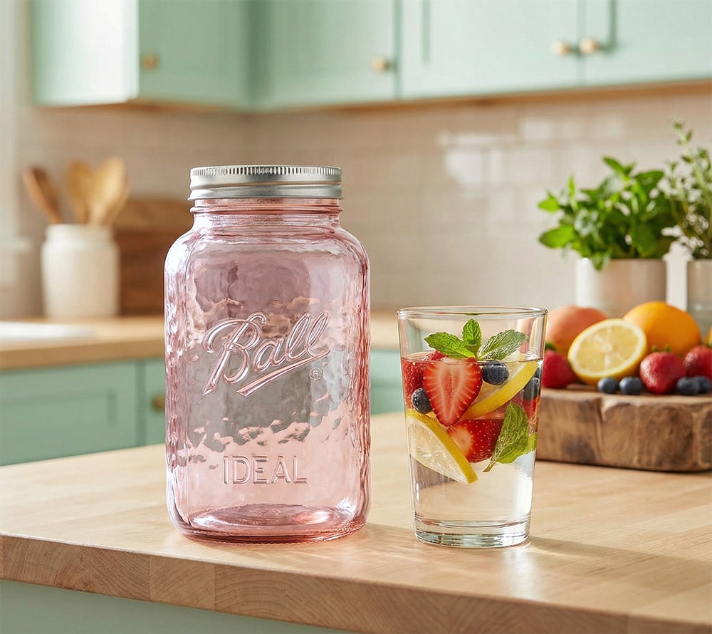 Ball Mason Jar Pink Quart: Stilvolles 32 oz Glas in Roséoptik. Ideal für Vorrat, Deko, DIY & Geschenke mit luftdichtem Verschluss. Jetzt bei American Heritage!