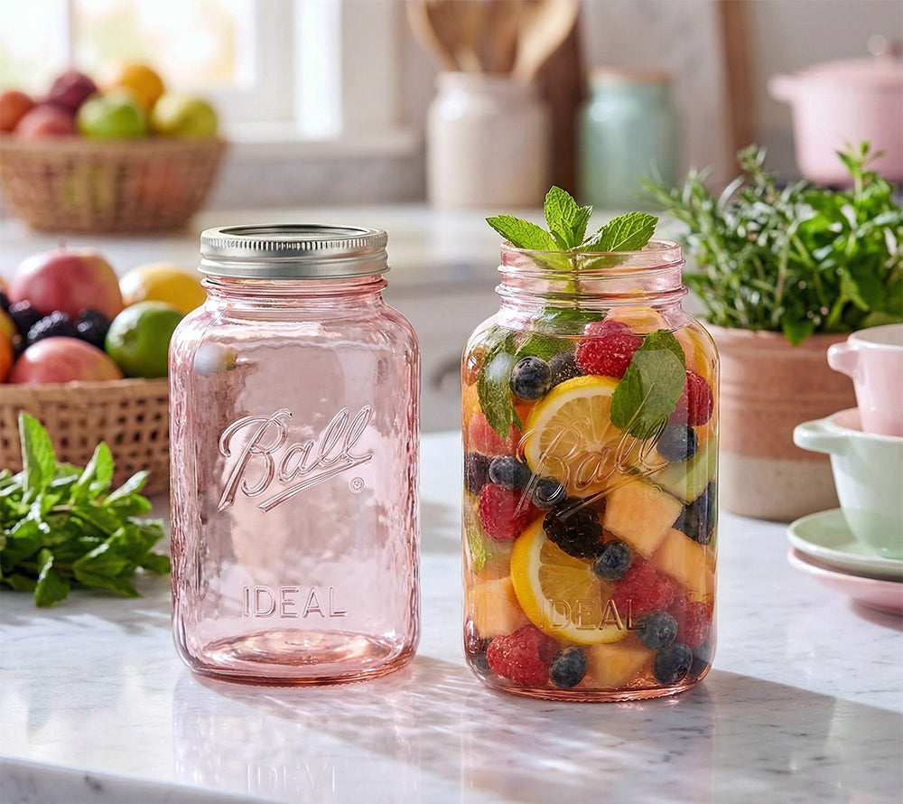 Ball Mason Jar Pink Quart: Stilvolles 32 oz Glas in Roséoptik. Ideal für Vorrat, Deko, DIY & Geschenke mit luftdichtem Verschluss. Jetzt bei American Heritage!