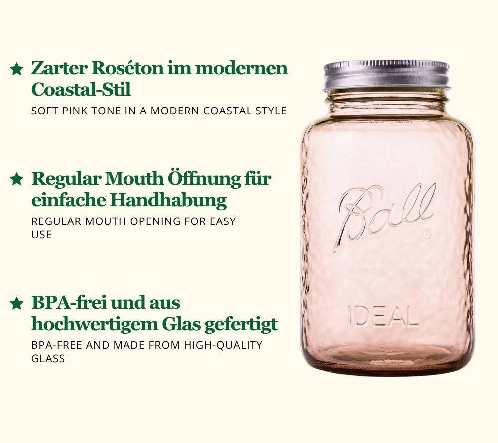 Ball Mason Jar Pink Quart: Stilvolles 32 oz Glas in Roséoptik. Ideal für Vorrat, Deko, DIY & Geschenke mit luftdichtem Verschluss. Jetzt bei American Heritage!