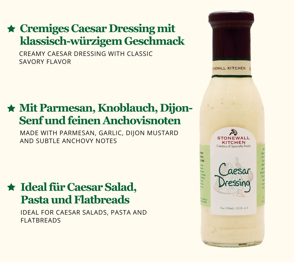 Cremiges Caesar Dressing von Stonewall Kitchen mit Parmesan, Knoblauch und Dijon-Senf – perfekt für Salate, Pasta, Wraps und kreative Gerichte.