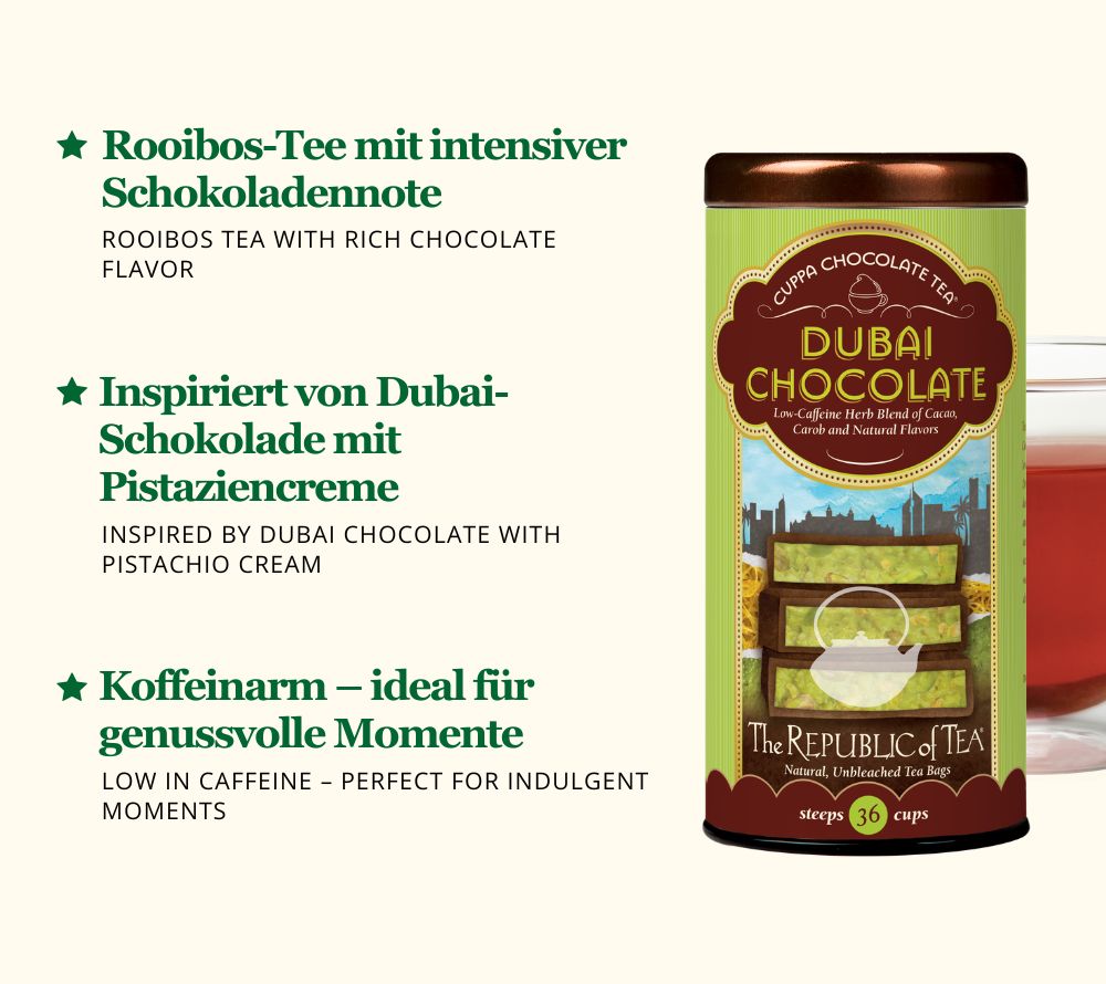 Dubai Chocolate Tea: Rooibos-Tee mit Kakao & Carob. Cremig, schokoladig & koffeinarm – perfekter Dessert-Tee für besondere Genussmomente.