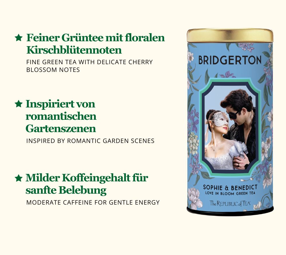 Grüntee mit Kirschblütennote: Bridgerton Love in Bloom Tea. Floral, mild & elegant – ideal für entspannte Genussmomente.