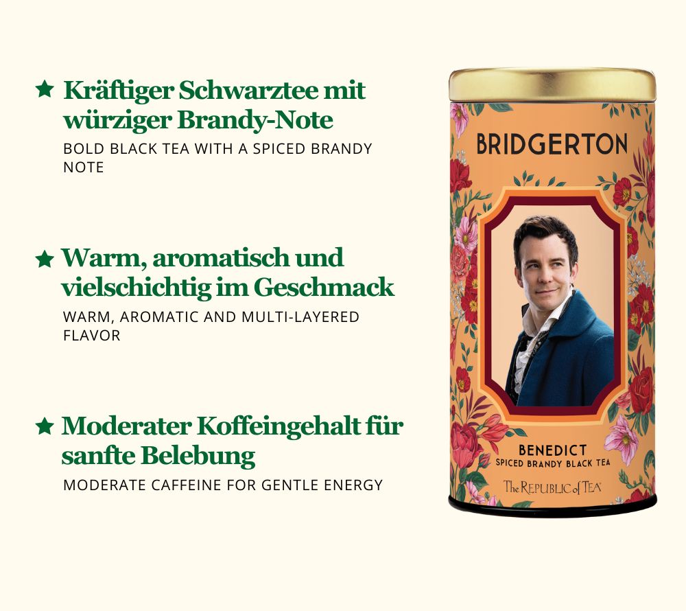 Schwarztee mit Gewürzen & Brandy-Note: Bridgerton Benedict Tea. Warm, aromatisch & elegant – ideal für besondere Genussmomente. Jetzt probieren!
