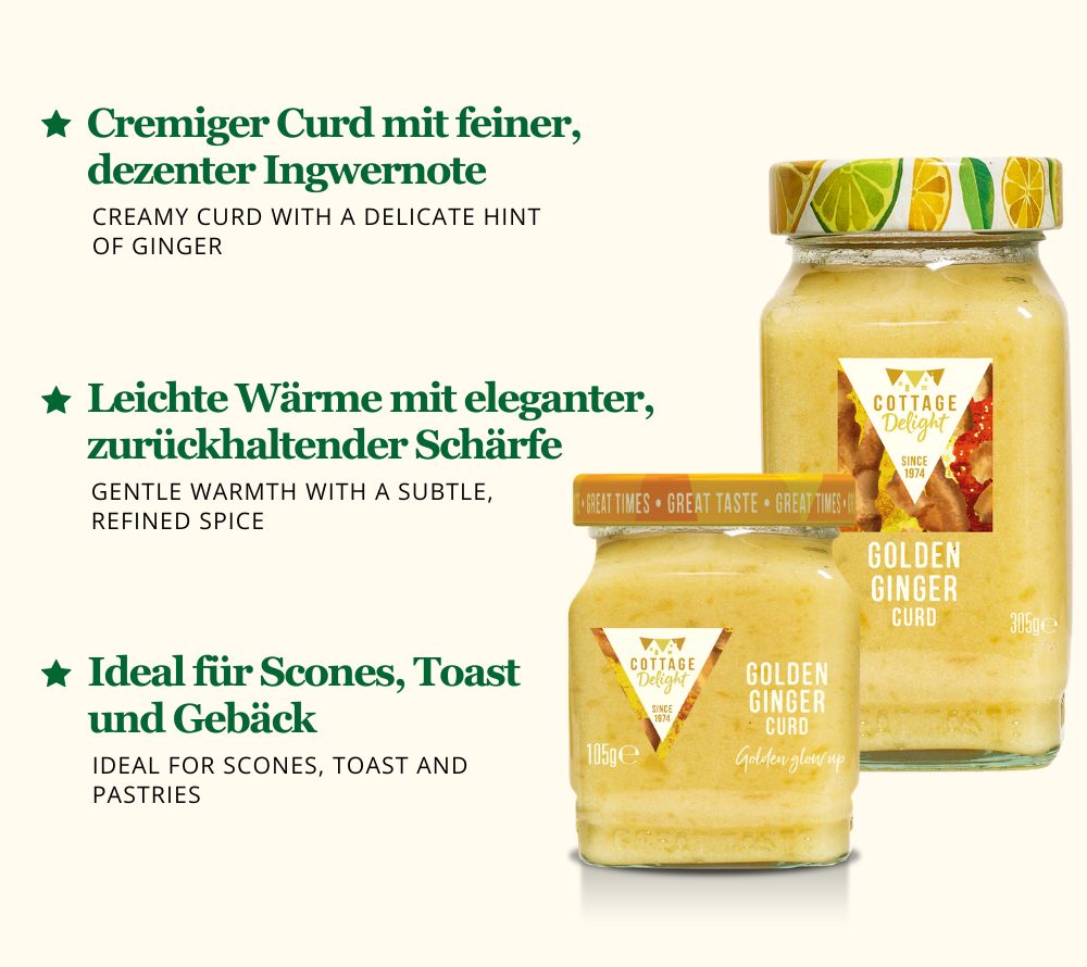 Golden Ginger Curd von Cottage Delight: cremig, mild & fein mit Ingwer. Perfekt für Scones, Desserts und Frühstück. Jetzt bei American Heritage entdecken