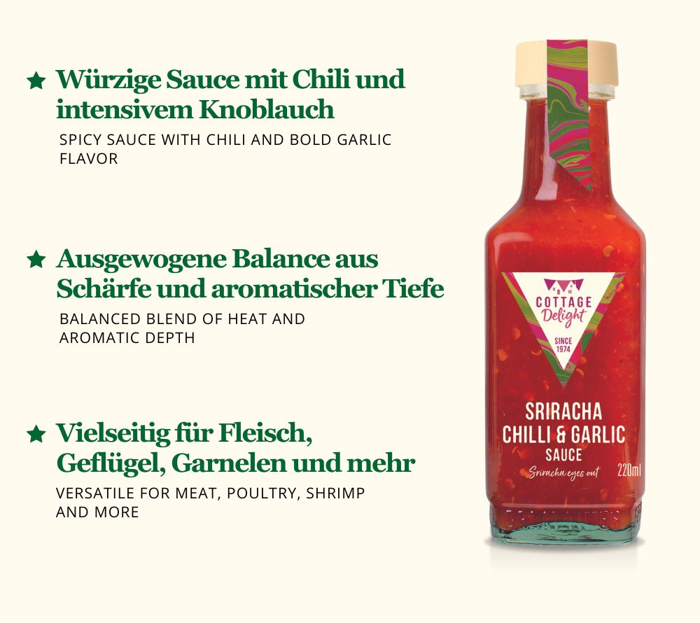 Sriracha Chilli & Garlic Sauce: würzig, mittelscharf & aromatisch. Vegan, glutenfrei & perfekt für Dips, Burger und Marinaden.