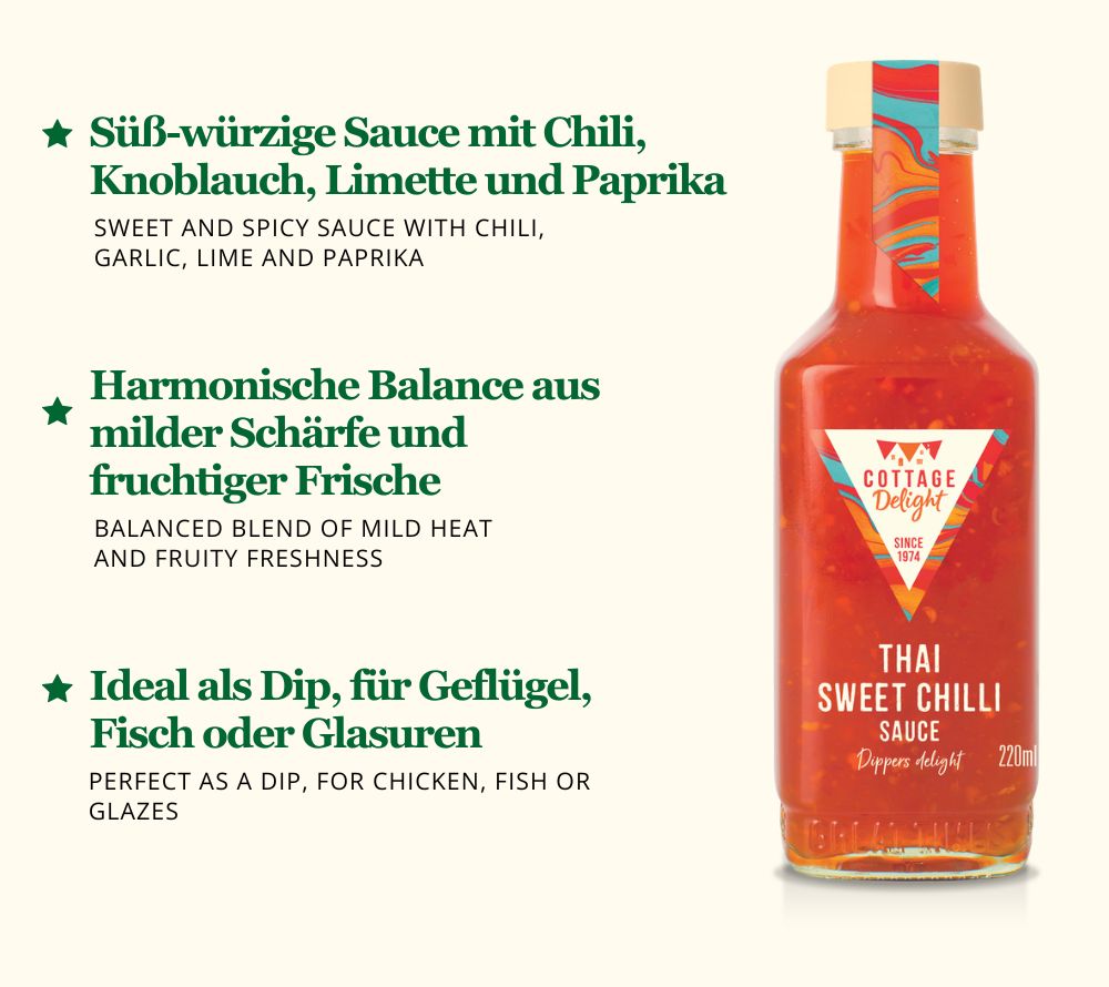 Thai Sweet Chilli Sauce: süß, würzig & leicht scharf. Perfekt für Dips, Geflügel und Fisch – vegan, glutenfrei & vielseitig.