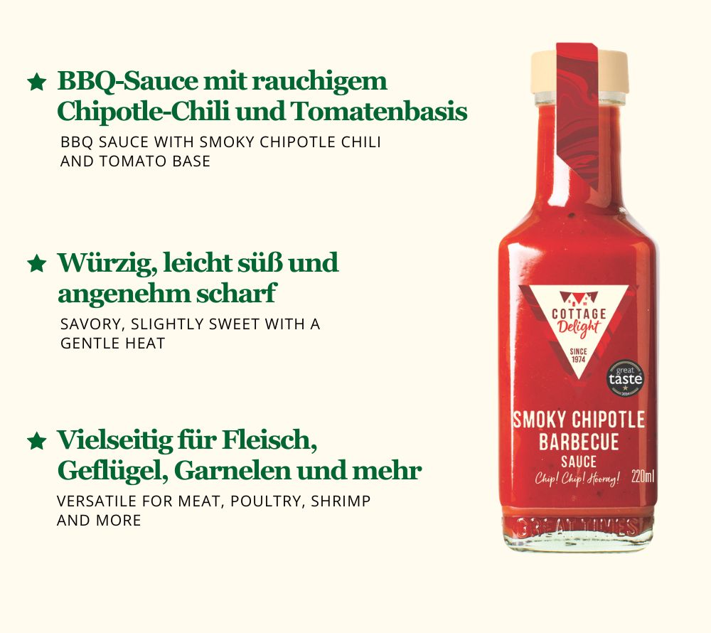 Smoky Chipotle BBQ Sauce: rauchig, würzig & leicht scharf. Vegan, glutenfrei & perfekt für Grillgerichte, Burger und Dips. Jetzt entdecken!